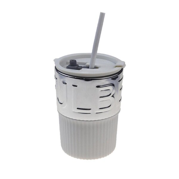 Catzon 420ml Glass Coffee Mug with Lids and Straws Travel Friendly-SilverWhite
