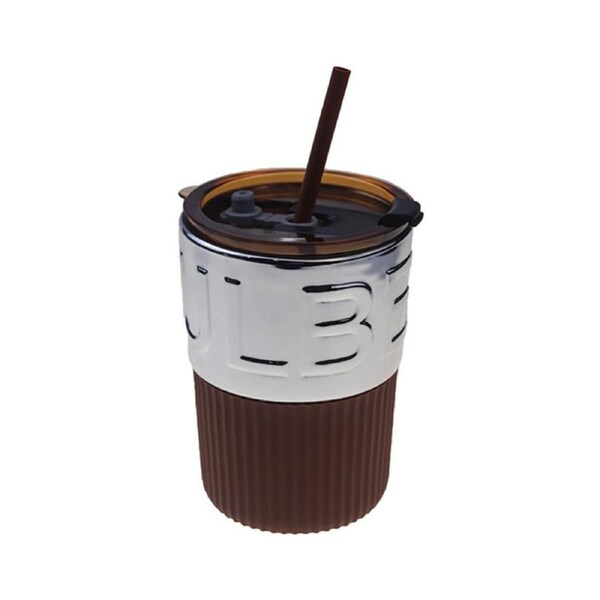 Catzon 420ml Glass Coffee Mug with Lids and Straws Travel Friendly-SilverAmber