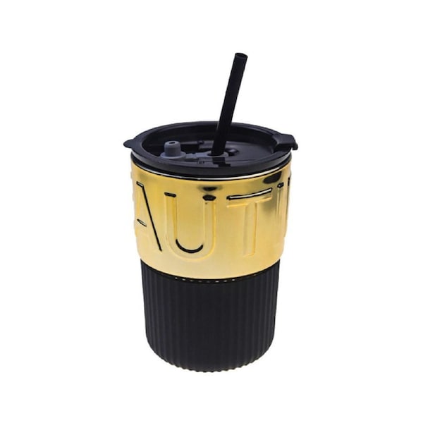 Catzon 420ml Glass Coffee Mug with Lids and Straws Travel Friendly-GoldBlack