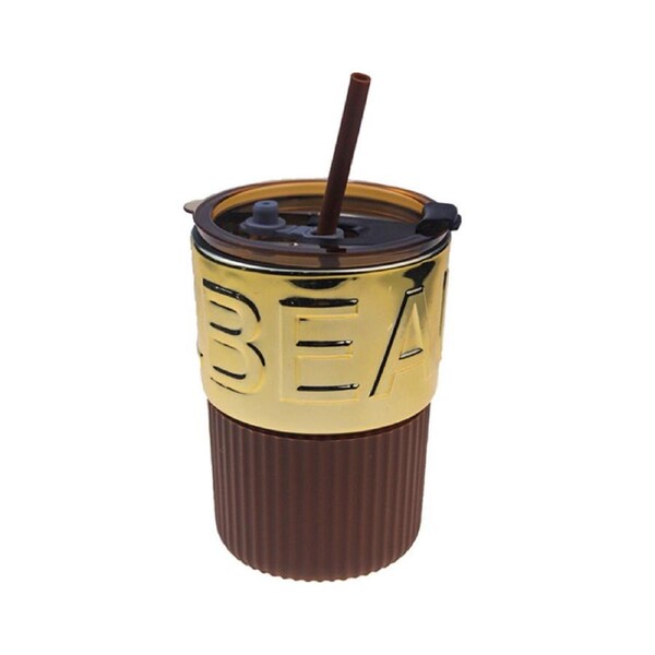 Catzon 420ml Glass Coffee Mug with Lids and Straws Travel Friendly-GoldAmber