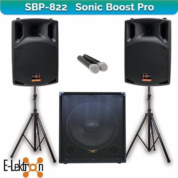 E-Lektron Sonic Boost Pro SBP 822 Bluetooth Vocal Bass Sound PA System UHF Mics and stands