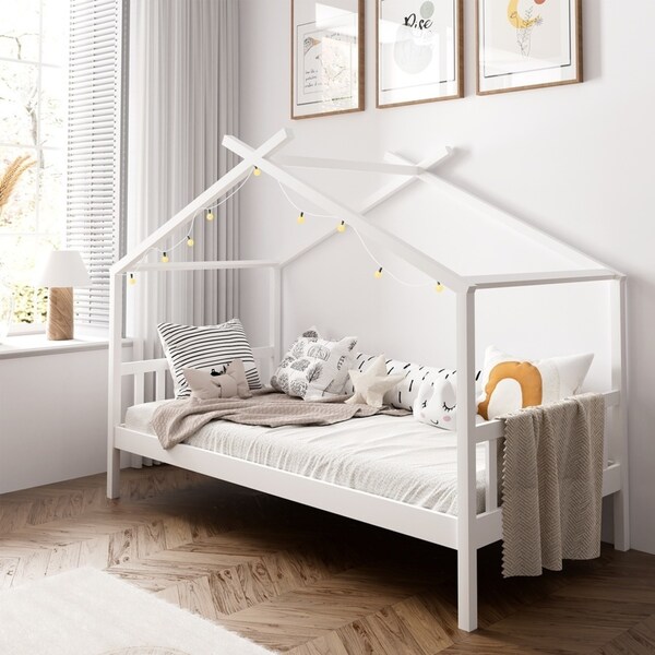 Oikiture Bed Frame Wooden Kids House Frame White TOMI