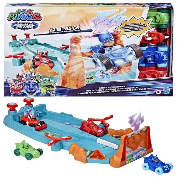 PJ Masks Animal Power Smash and Zoom Race Track Preschool Toy with 4 Cars Play