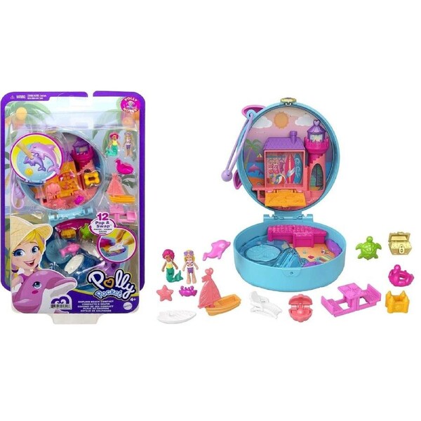 Polly Pocket-Dolphin Beach- World Pop and Swap Feature 5 Reveals & Related Accessories 4+ Toy