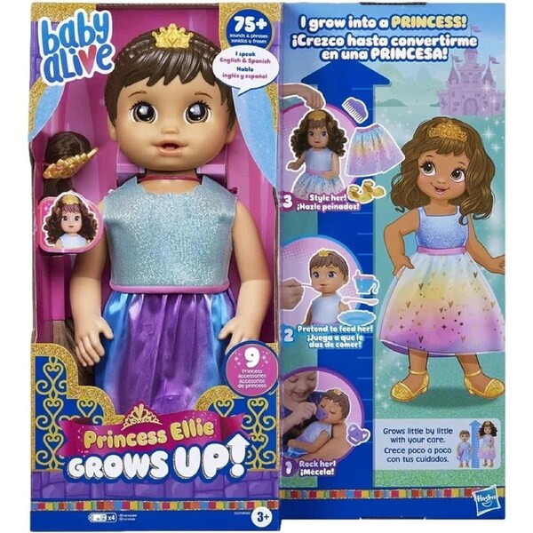 Baby Alive Princess Ellie Brown Hair Grows Up Doll 18-Inch Growing Talking Baby Doll Play