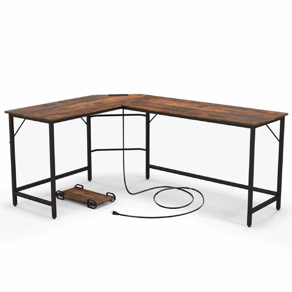 Costway L-shaped Industrial Computer Desk Corner Desk Home Office Workstation w/CPU Stand&Charging Station