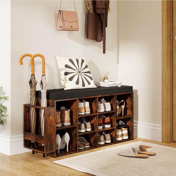 Costway Industrial Shoe Cabinet Bench 10 Cube Shoe Rack Storage Shelf w/Cushion & Umbrella Holder