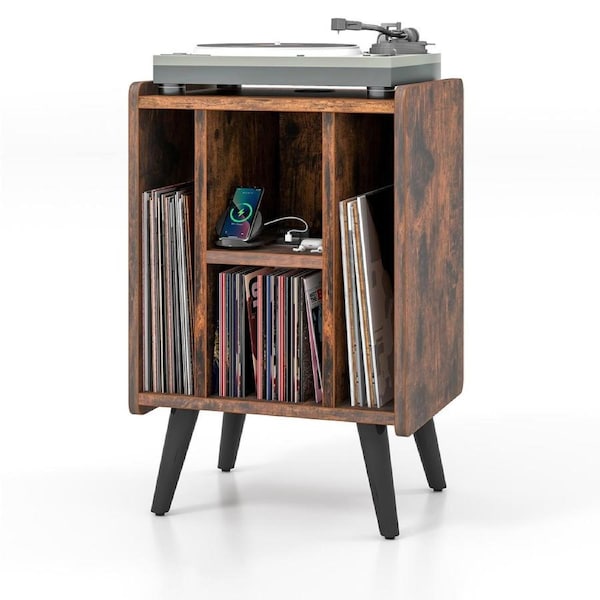 Costway Industrial Side End Table Nightstand Tea Table Record Player Stand w/Power Outlet & USB Magazine CD Audio Holder