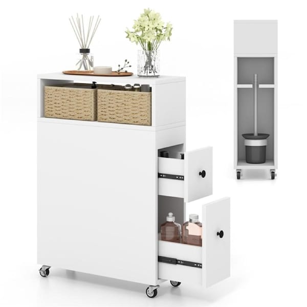 Costway Mobile Bathroom Storage Cabinet Laundry Sideboard Toilet Storage Cupboard w/Tissue Holder & Open Shelf
