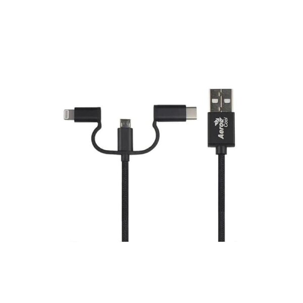 Aerocool 3 in 1 MFI Cable USB Type A to Lightning / Micro USB / Type-C - Matte Black Nylon Braided 1M