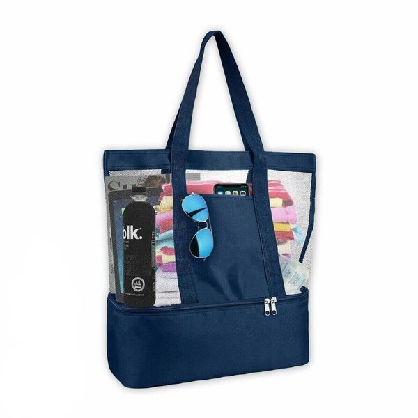 Summer Splash Beach Bag With Cooler Compartment Clear Mesh Navy 35 x 40cm