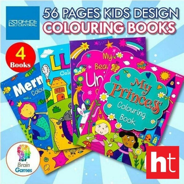 Office Central 4pk Girls Colouring Books Princess Mermaid Unicorn Theme Fun Relaxing Activities