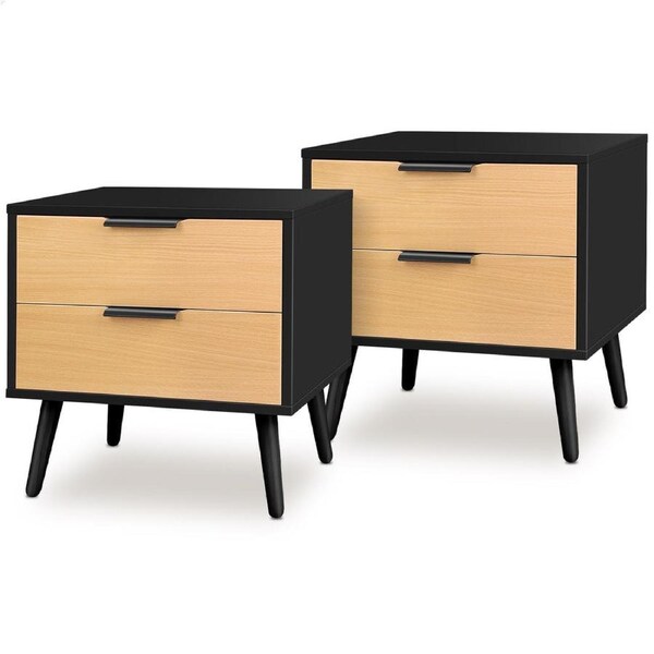 2x ALFORDSON 2 Drawers Bedside Table (Black & Wood)