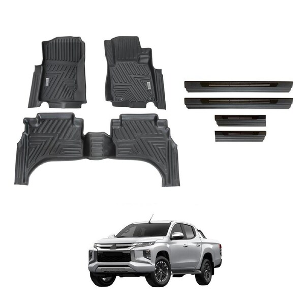 Car Floor Mats + Black Door Sill Protector for Mitsubishi Triton MQ MR Series Dual Cab 2015-2024