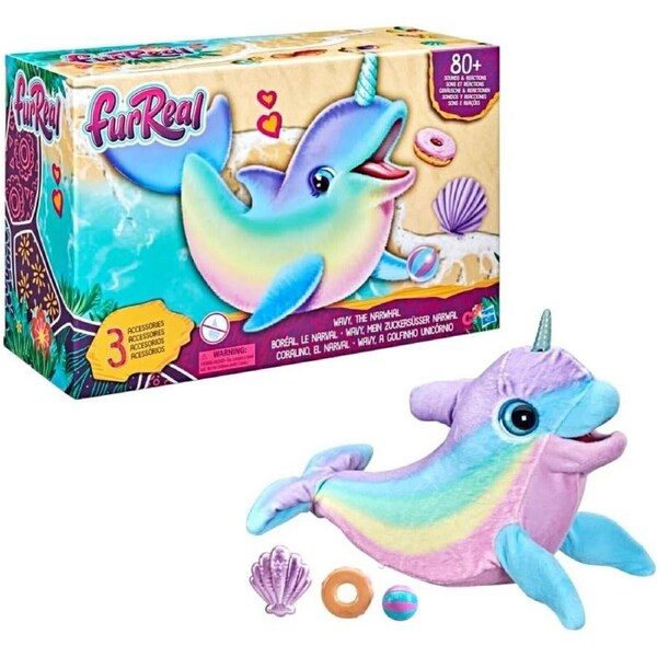 FurReal Friends Wavy the Narwhal Rainbow 80+ Sounds and Reactions Plush Pet Play
