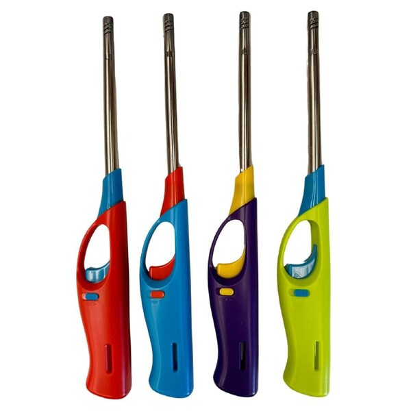 4x Long Gas Lighter for BBQ Kitchen Cigarette w/ Safety Lock - Assorted Colours