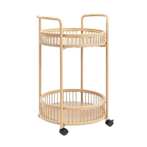 Avayah Round Trolley Caddy Mobile Cart with Shelf Oak