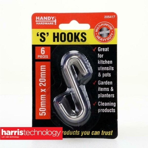 Handy Hardware 6PCE S Hook Set Heavy Duty Multi-Purpose Easy Hang/Remove 50mm