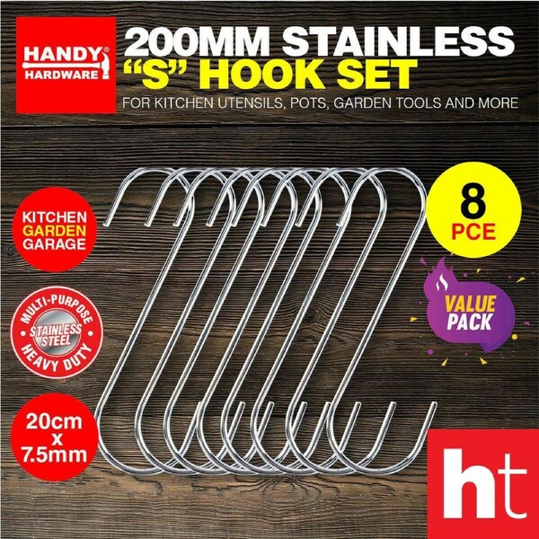 Handy Hardware 8PC "S" Hook Set Heavy Duty Multi-Purpose Easy Hang 20cmx7.5cm