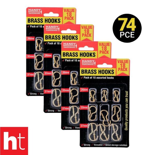 Handy Hardware 74PCE Hooks Brass Assorted 18pc 26mm, 33mm, 37mm Hooks Kit