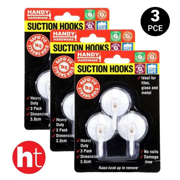 Handy hardware 3pk Hooks Suction 3.6cm 3pcs Reusable Kitchen Bathroom Hook