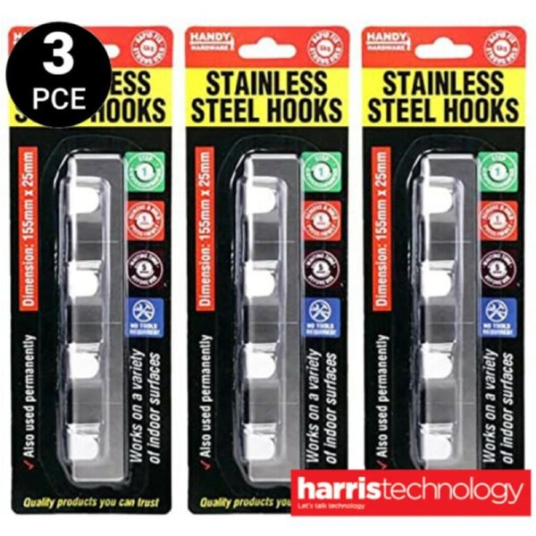 3 Packs of Stainless Steel Hooks 15.5cm x 2.5cm Strong Hold Upto 6kg