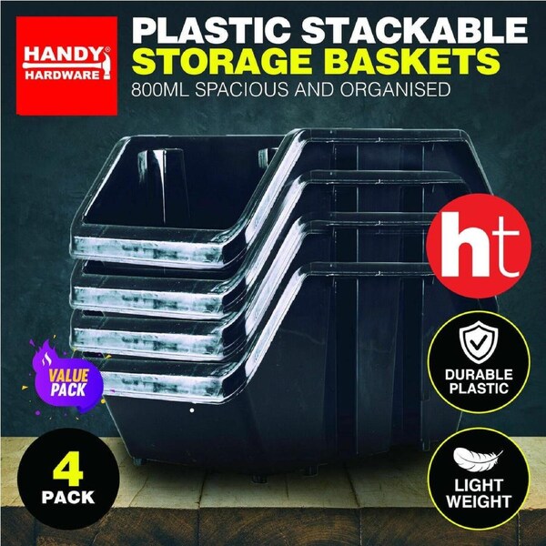 Handy Hardware 4PCE Stackable Storage Baskets Anti Slip Spacious Home Office Garage 800ml