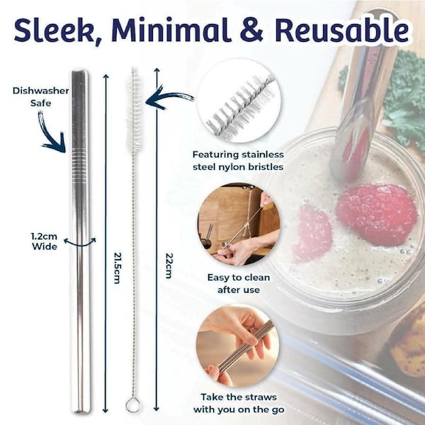 Home Master 12pcs Stainless Steel Straws & Cleaning Brushes Dishwasher Safe Set