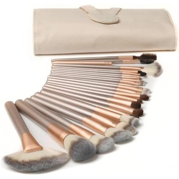 BOOC 24pcs Premium Cosmetic Makeup Brush Set for Foundation Blending Blush Concealer Eye Shadow, Cruelty-Free Synthetic Fiber Bristles, Travel Makeup bag Included, Champagne