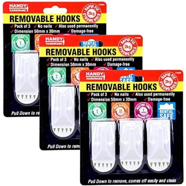 Removable Hooks Rectangle Plastic 50mm x 30mm 3pk (Holding Weight 2kg) Reusable Heavy Duty Hook for Kitchen Bathroom Office