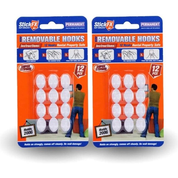 Stickfx Self-Adhesive Wall Mini Hook Holds 200G 24Pce Hanging Sticky Door Hooks Removable Rental Safe No Surface Damage Clean