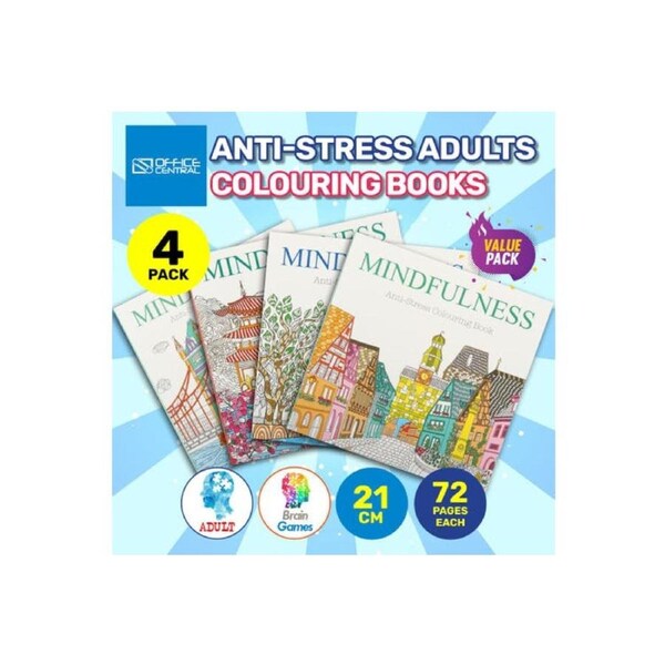 Office Central 4PK Adult Colouring Books Mindfulness Relaxing 4 Variations