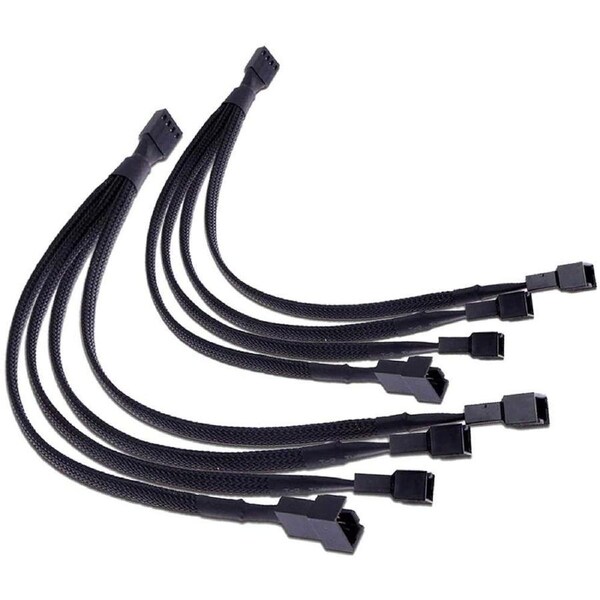 BOOC All Black Sleeved Braided PWM 3-Way Sleeved Fan Splitter Adapter Cable 4 Pin Fan Extension Power Cable Converter (1 to 4 2pk)
