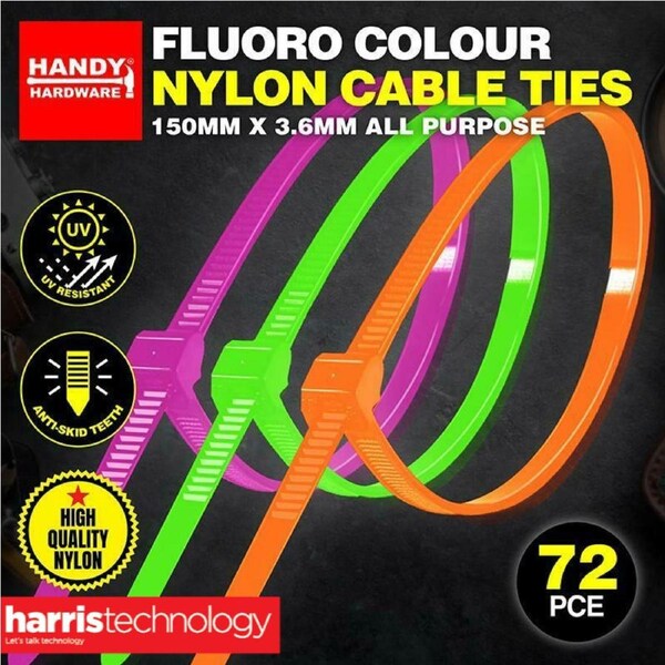 Handy Hardware Cable Ties Hi-Vis Colour Identification 150mm x 3.6mm 72pc