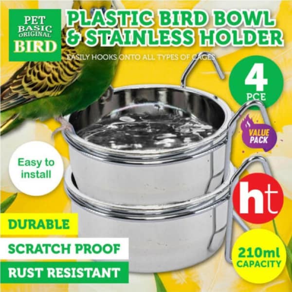 Pet Basic 4PCE Bird Bowls & Holders Food Water Spill & Rust Proof 210ml