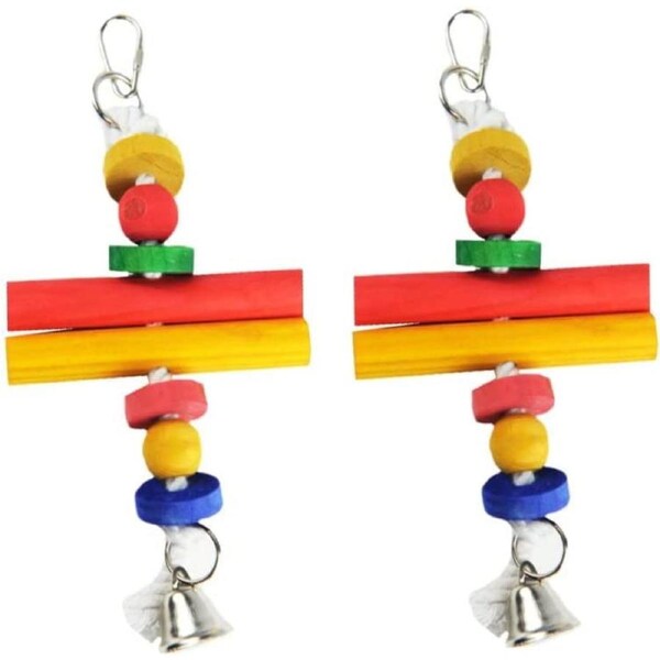 Trendypets Pet Bird Rope Cluster Blocks With Bell 27Cm 2Pce Natural Wood Vivid Color Swing