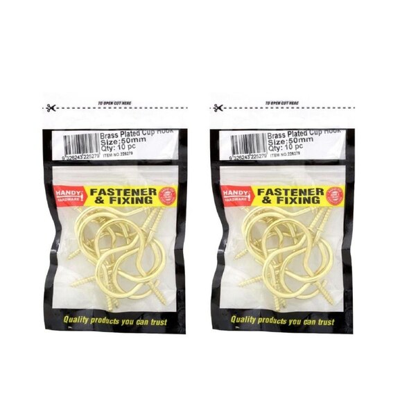Handy Hardware 2PK of Hooks Brass Plated Cup 50mm 10pcs