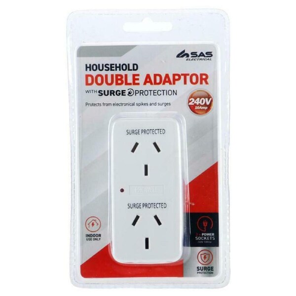 Sas Electrical 3PCE Double Adaptor Surge Protection Power Indicator 240V