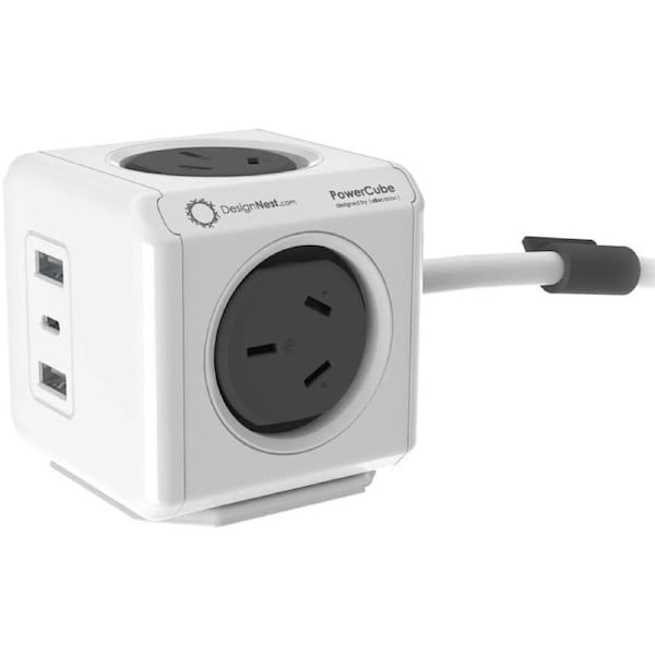 Allocacoc 20W 4 Outlets 2 USB-A + 1 USB-C PD Powercube with Surge, 1.5 Metre, Grey