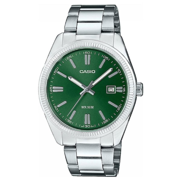 Casio Silver Steel Green Dial Men's Watch - MTP1302PD-3A