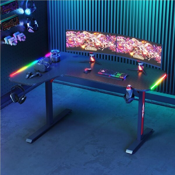Advwin 140cm Gaming Desk L Shape RGB LED Corner Table Carbon Fiber Gamer Workstation Black