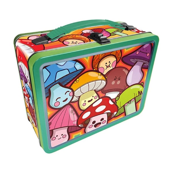 Aquarius Mushroom Tin Fun Box Lunch Storage Container w/ Carry Handle Rectangle