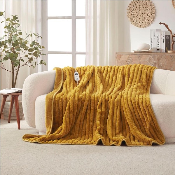 Dreamaker Cirra Chunky Embossed Fleece Electric Heated Throw Blanket Mustard Gold 180x200cm