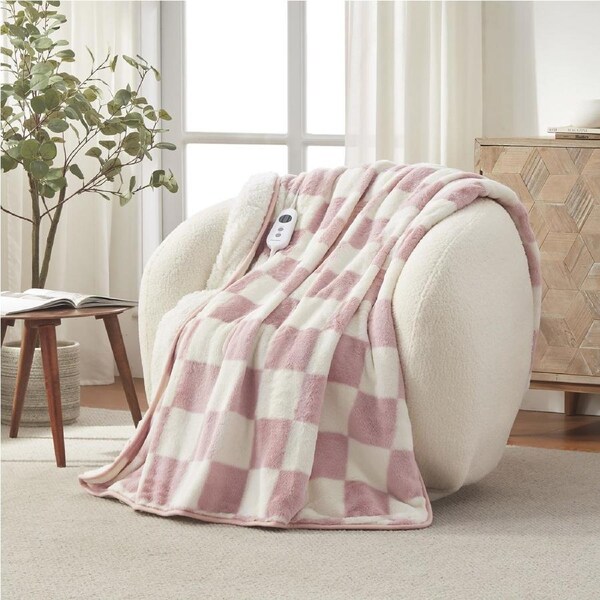 Dreamaker Checkered Plush Electric Heated Throw Blanket Pink & Cream 160x130cm