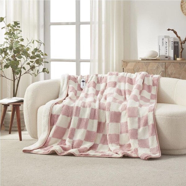 Dreamaker Checkered Plush Electric Heated Throw Blanket Pink & Cream 200x180cm