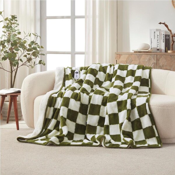 Dreamaker Checkered Plush Electric Heated Throw Blanket Olive & Cream 200x180cm