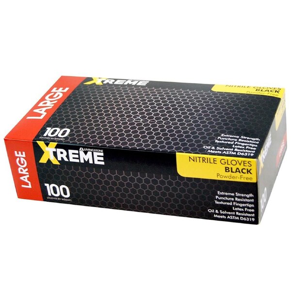 Livingstone Xtreme Thick Heavy Duty Nitrile Gloves, Powder Free, EN374, Large, Black, 100/Box