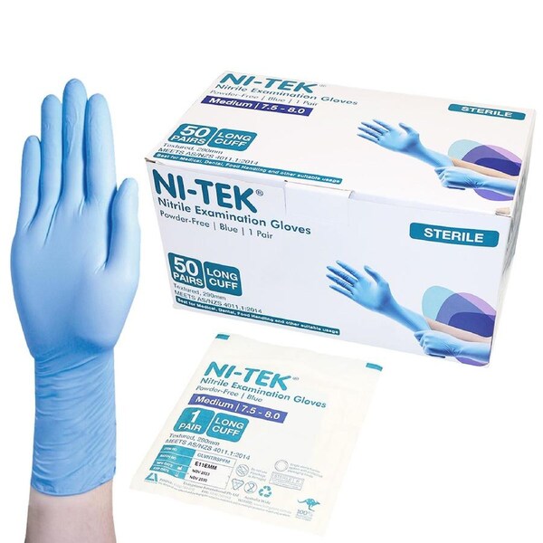 Ni-Tek Nitrile Sterile Exam Gloves Textured Powder Free 290mm Long Cuff, Blue, Medium 7.5 - 8.0, 1 Pair/Pack, 50 Pairs/Box