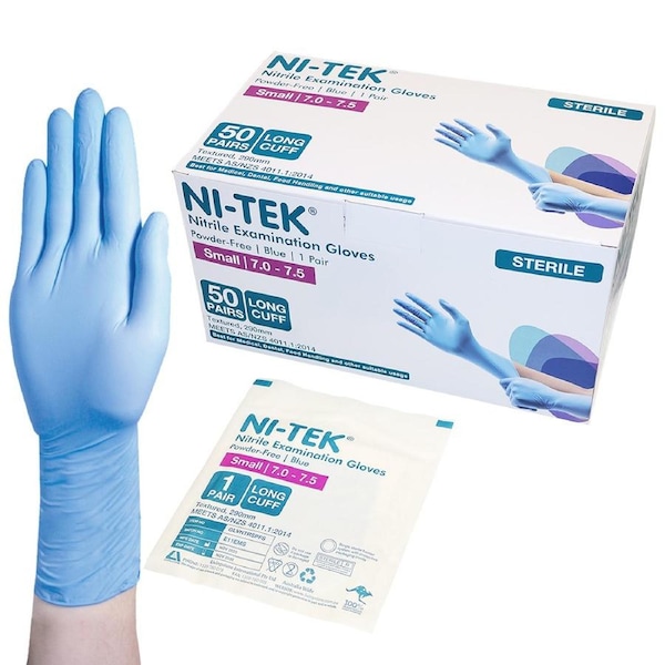 Ni-Tek Nitrile Sterile Exam Gloves Textured Powder Free 290mm Long Cuff, Blue, Small 7.0 - 7.5, 1 Pair/Pack, 50 Pairs/Box