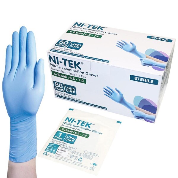 Ni-Tek Nitrile Sterile Exam Gloves Textured Powder Free 290mm Long Cuff, Blue, X-Small 6.5 - 7.0, 1 Pair/Pack, 50 Pairs/Box